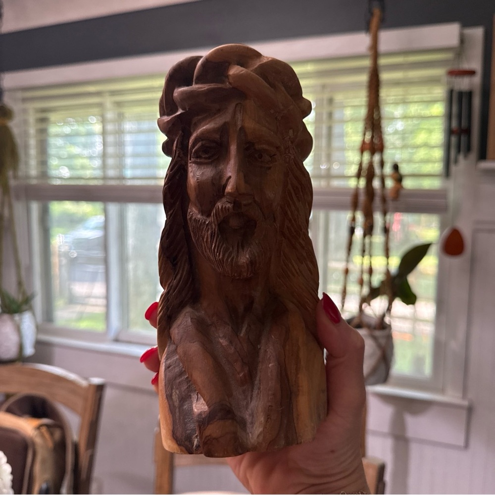 Brown Hand-Carved Jesus Wood Bust Sculpture